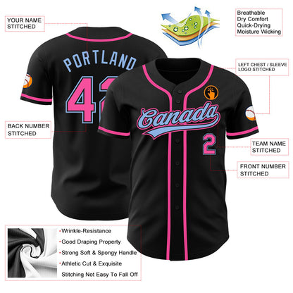 Custom Black Pink-Light Blue Authentic Baseball Jersey - Sky-Custom