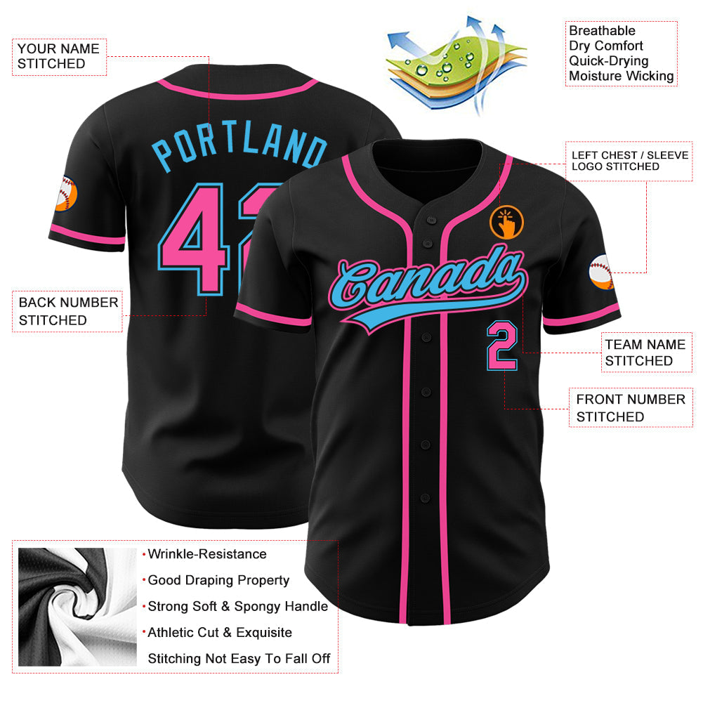 Custom Black Pink-Sky Blue Authentic Baseball Jersey - Sky-Custom