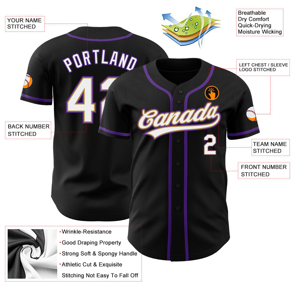 Custom Black White Old Gold-Purple Authentic Baseball Jersey - Sky-Custom
