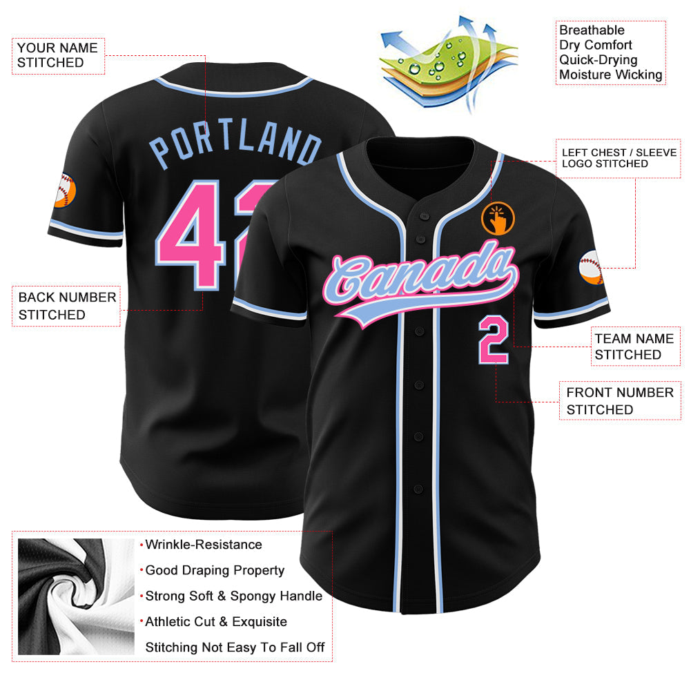 Custom Black Pink-Light Blue Authentic Baseball Jersey - Sky-Custom