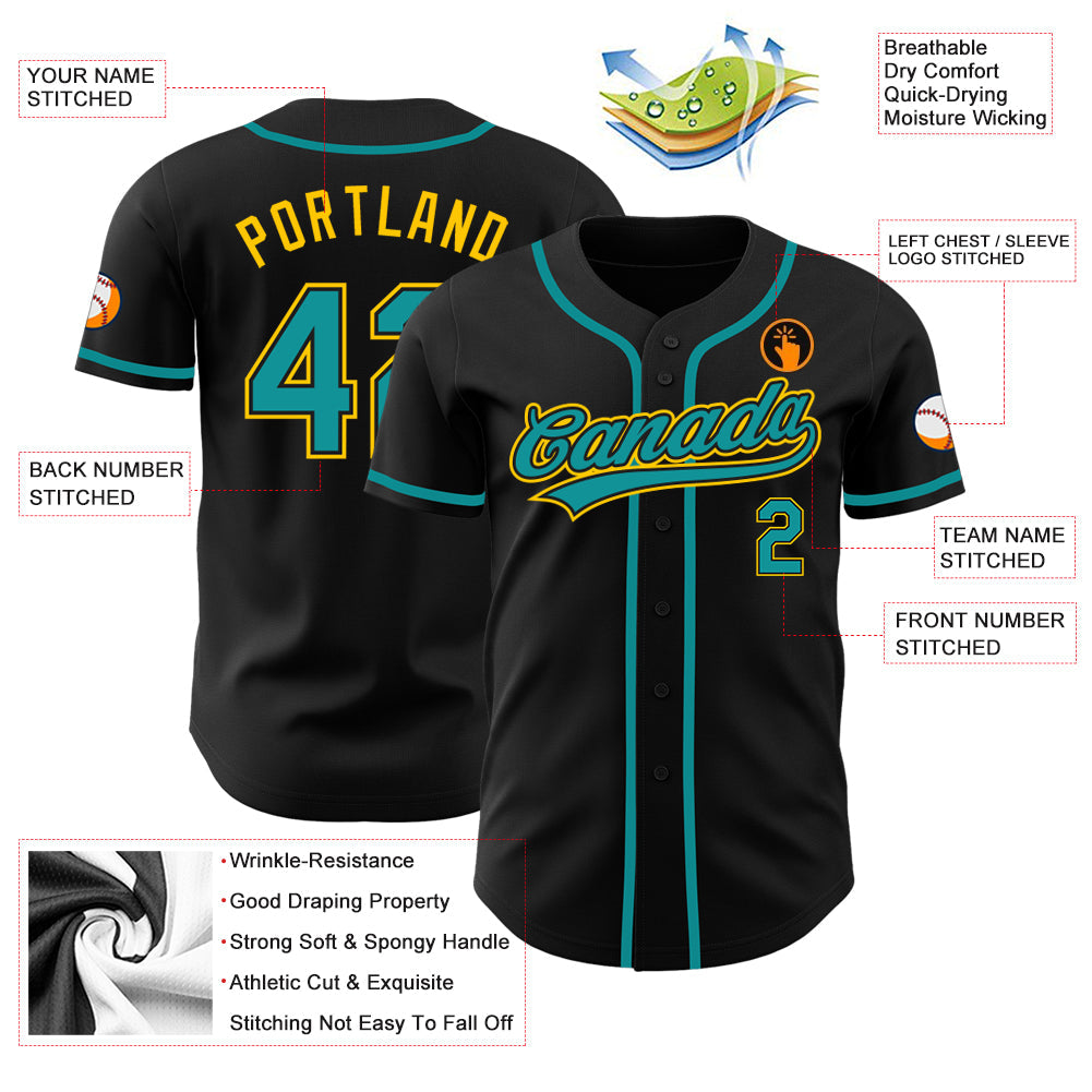 Custom Black Teal-Gold Authentic Baseball Jersey - Sky-Custom