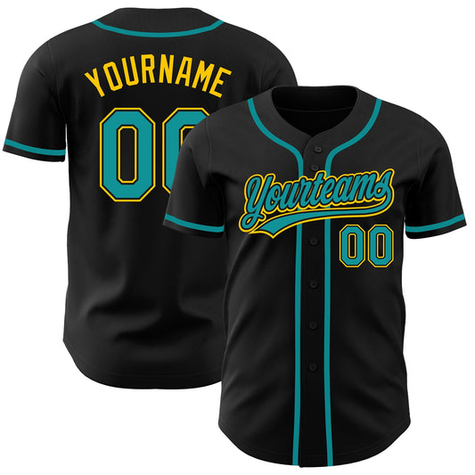Custom Black Teal-Gold Authentic Baseball Jersey - Sky-Custom