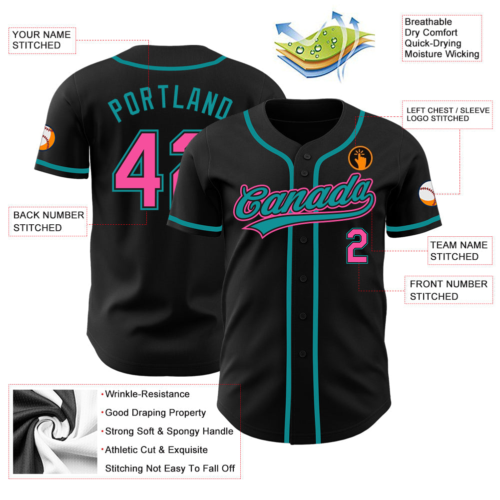 Custom Black Pink-Teal Authentic Baseball Jersey - Sky-Custom