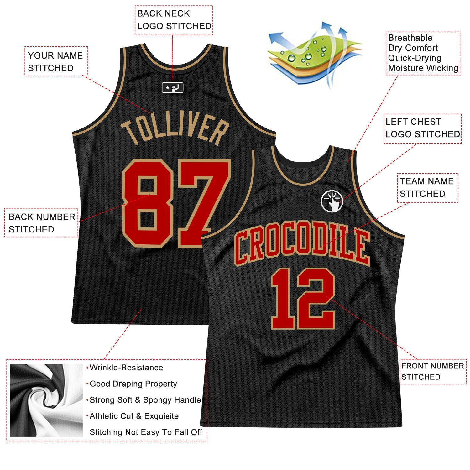 Custom Black Red-Old Gold Authentic Throwback Basketball Jersey - Sky-Custom