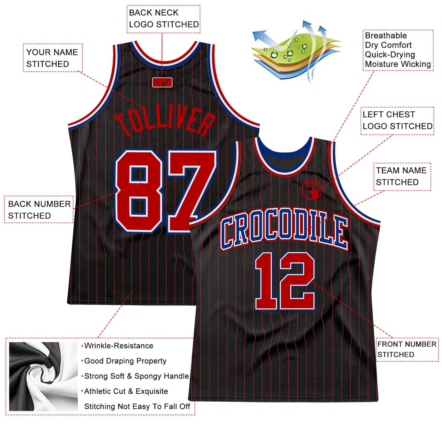 Custom Black Red Pinstripe Red-Royal Authentic Basketball Jersey - Sky-Custom