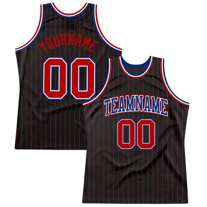 Custom Black Red Pinstripe Red-Royal Authentic Basketball Jersey - Sky-Custom