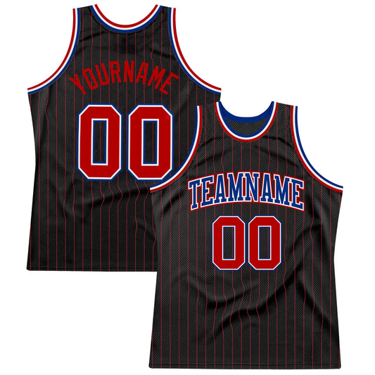 Custom Black Red Pinstripe Red-Royal Authentic Basketball Jersey - Sky-Custom