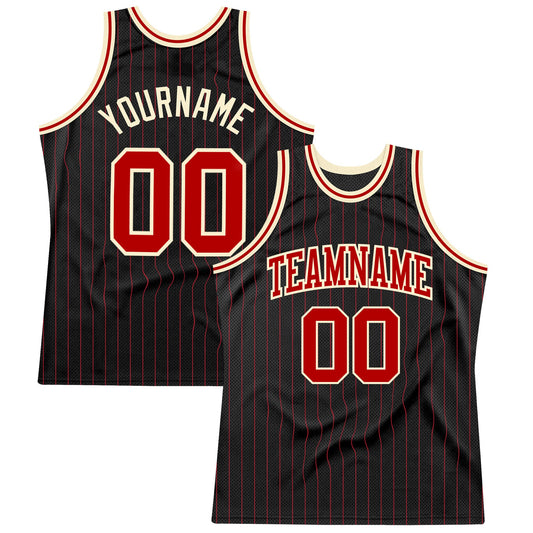 Custom Black Red Pinstripe Red-Cream Authentic Basketball Jersey - Sky-Custom