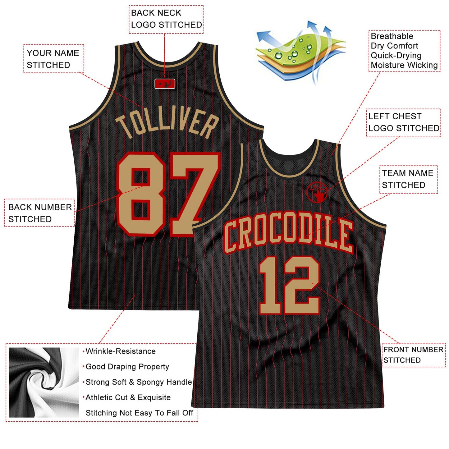 Custom Black Red Pinstripe Old Gold-Red Authentic Basketball Jersey - Sky-Custom