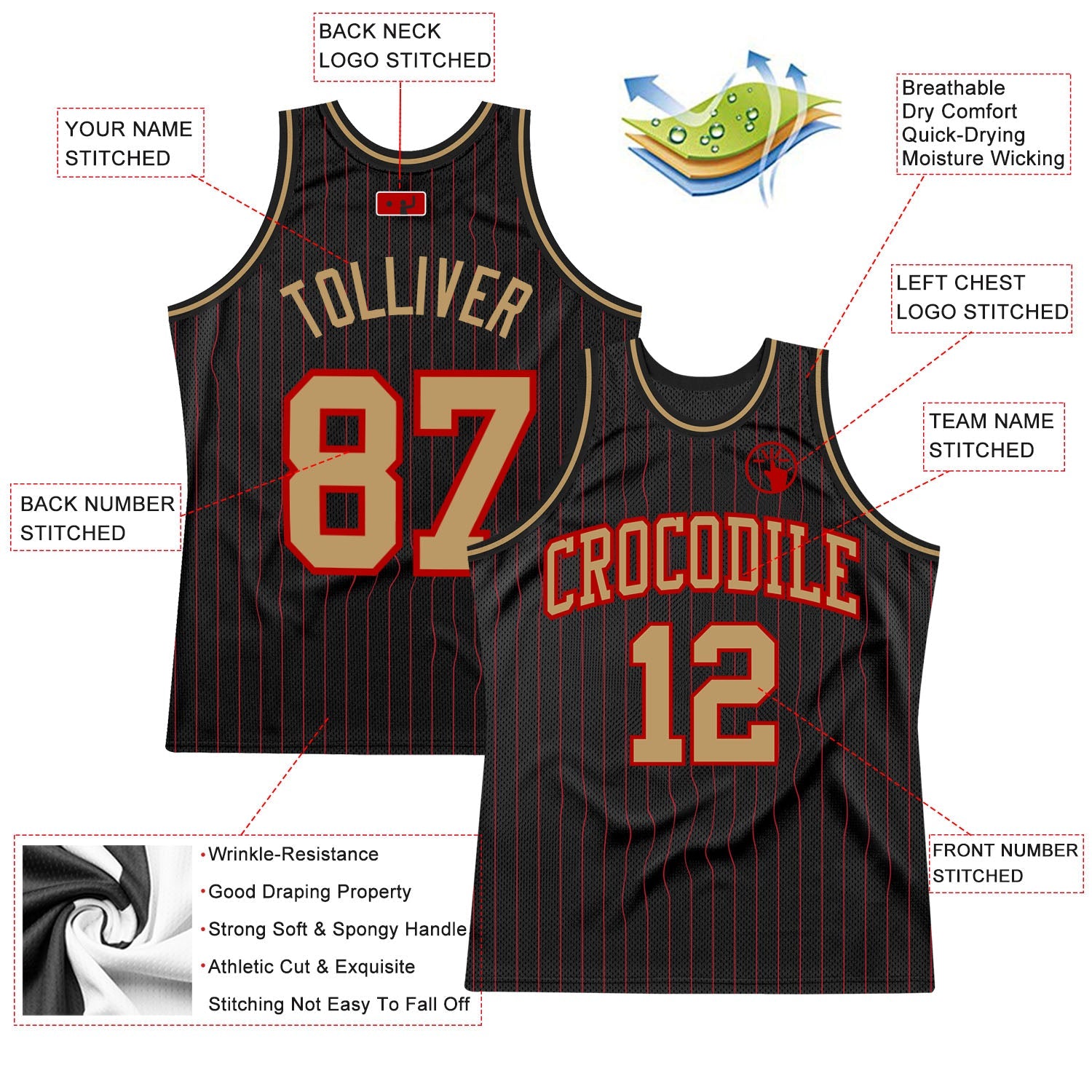 Custom Black Red Pinstripe Old Gold-Red Authentic Basketball Jersey - Sky-Custom