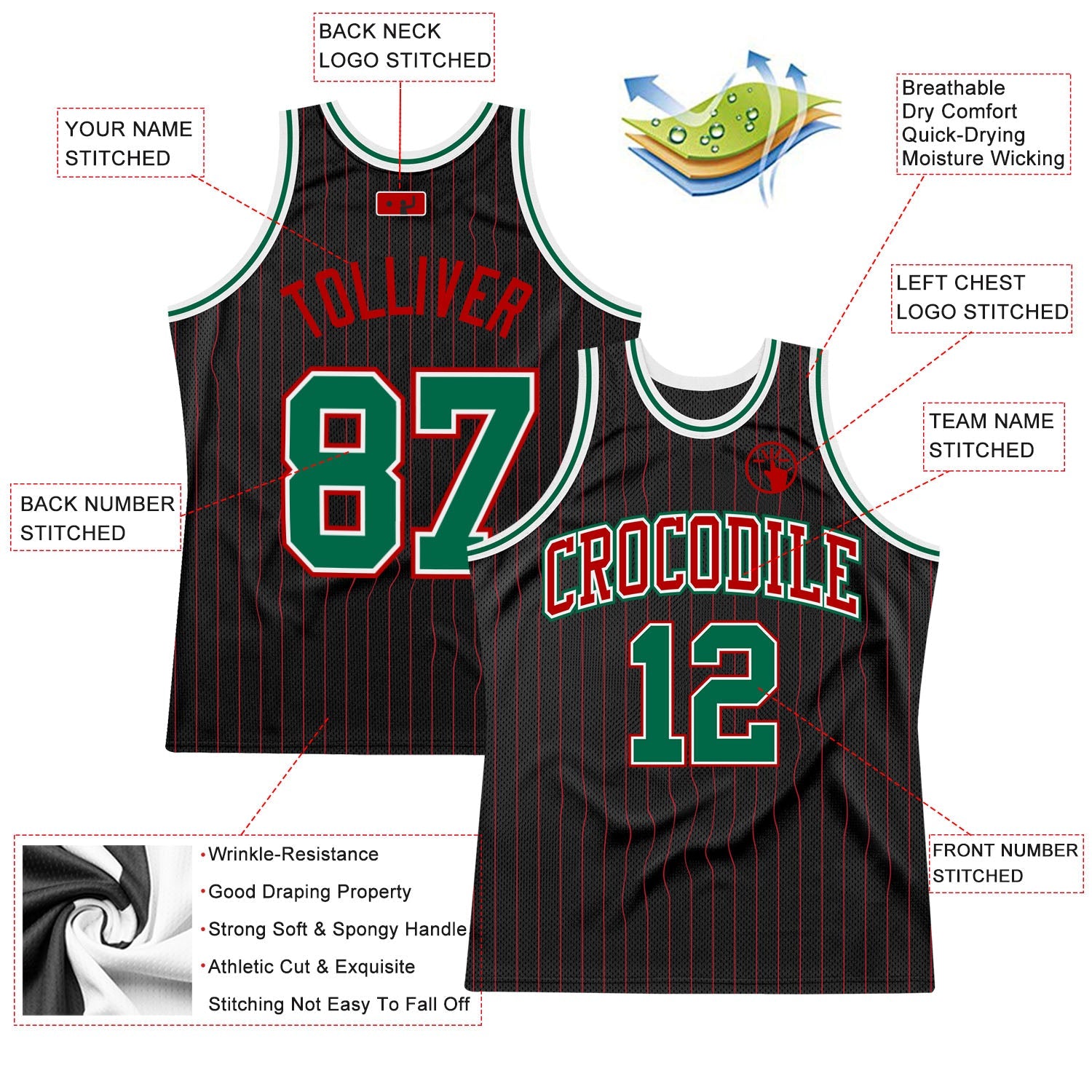 Custom Black Red Pinstripe Kelly Green-Red Authentic Basketball Jersey - Sky-Custom