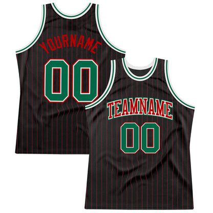 Custom Black Red Pinstripe Kelly Green-Red Authentic Basketball Jersey - Sky-Custom