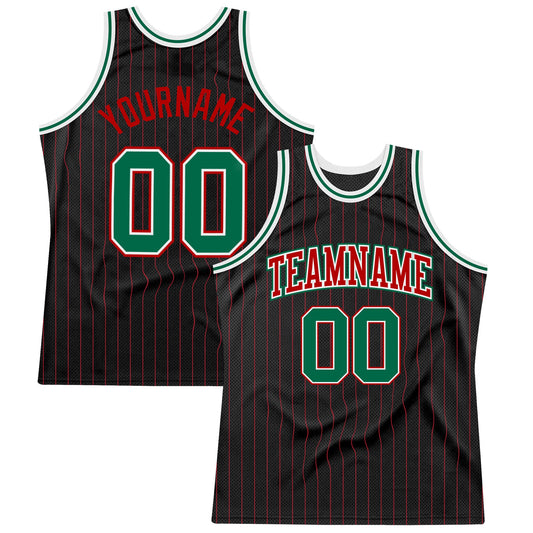 Custom Black Red Pinstripe Kelly Green-Red Authentic Basketball Jersey - Sky-Custom