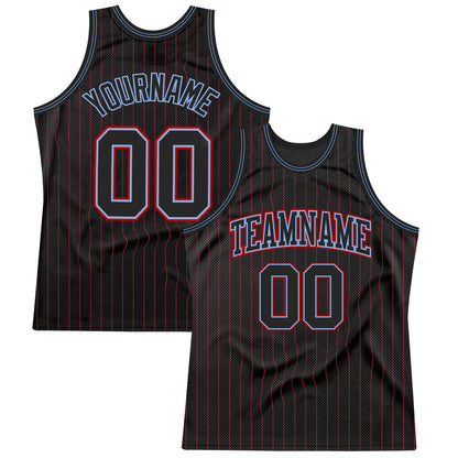 Custom Black Red Pinstripe Black Light Blue-Red Authentic Basketball Jersey - Sky-Custom