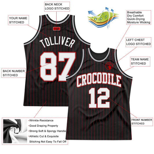 Custom Black Red Pinstripe White Gray-Red Authentic Basketball Jersey - Sky-Custom