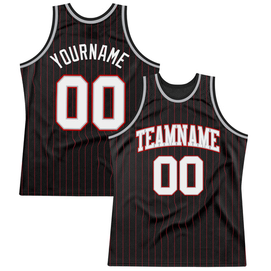 Custom Black Red Pinstripe White Gray-Red Authentic Basketball Jersey - Sky-Custom