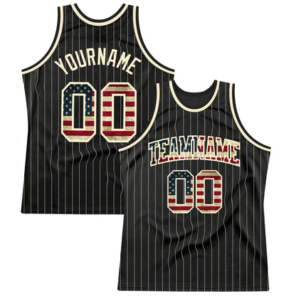Custom Black Cream Pinstripe Vintage USA Flag-Cream Authentic Basketball Jersey - Sky-Custom