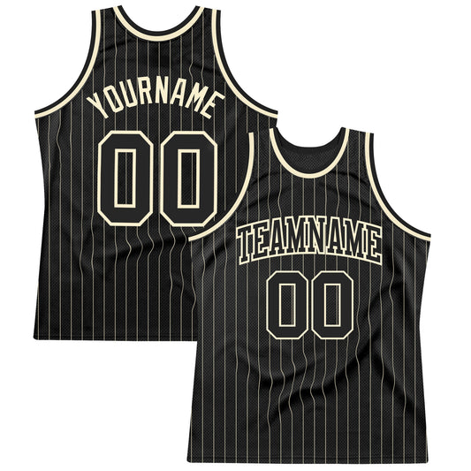 Custom Black Cream Pinstripe Black-Cream Authentic Basketball Jersey - Sky-Custom