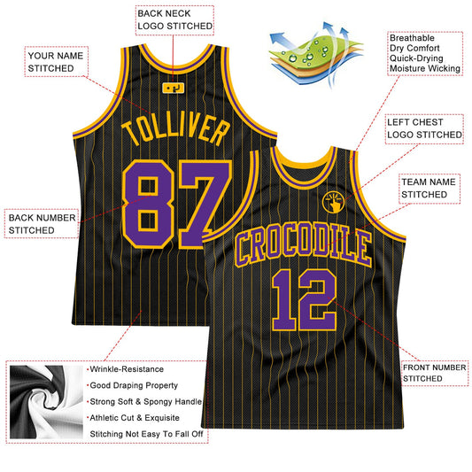 Custom Black Gold Pinstripe Purple-Gold Authentic Basketball Jersey - Sky-Custom