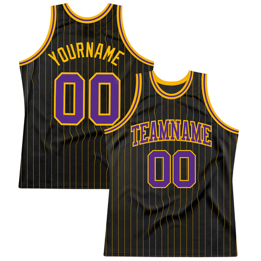 Custom Black Gold Pinstripe Purple-Gold Authentic Basketball Jersey - Sky-Custom