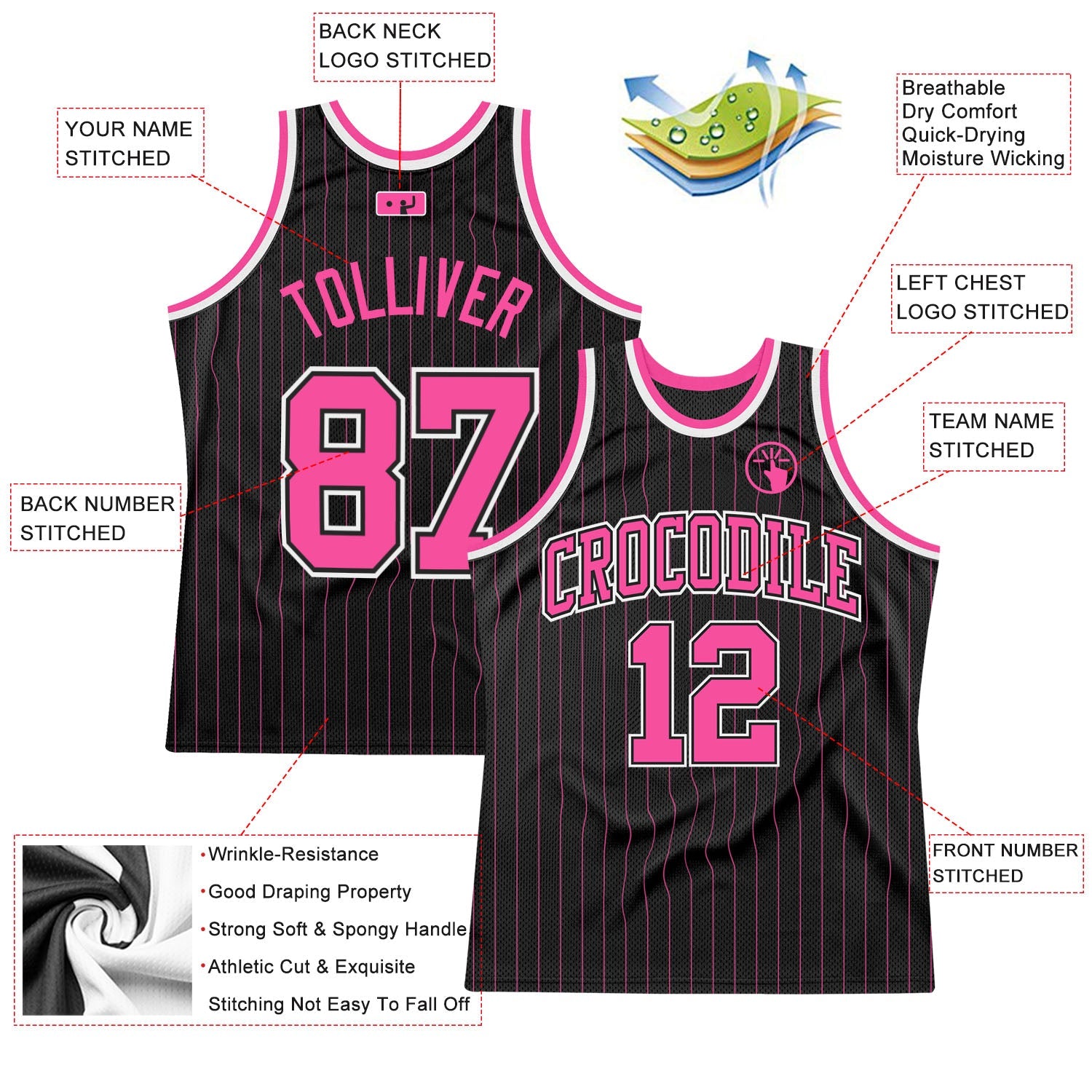 Custom Black Pink Pinstripe Pink-Black Authentic Basketball Jersey - Sky-Custom