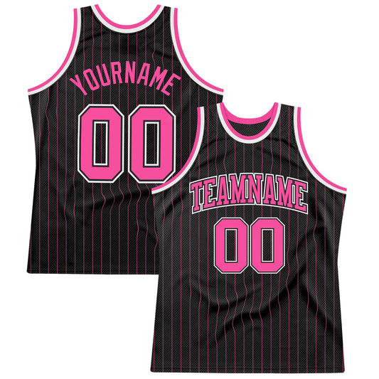 Custom Black Pink Pinstripe Pink-Black Authentic Basketball Jersey - Sky-Custom