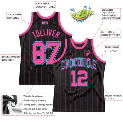 Custom Black Pink Pinstripe Pink-Sky Blue Authentic Basketball Jersey - Sky-Custom