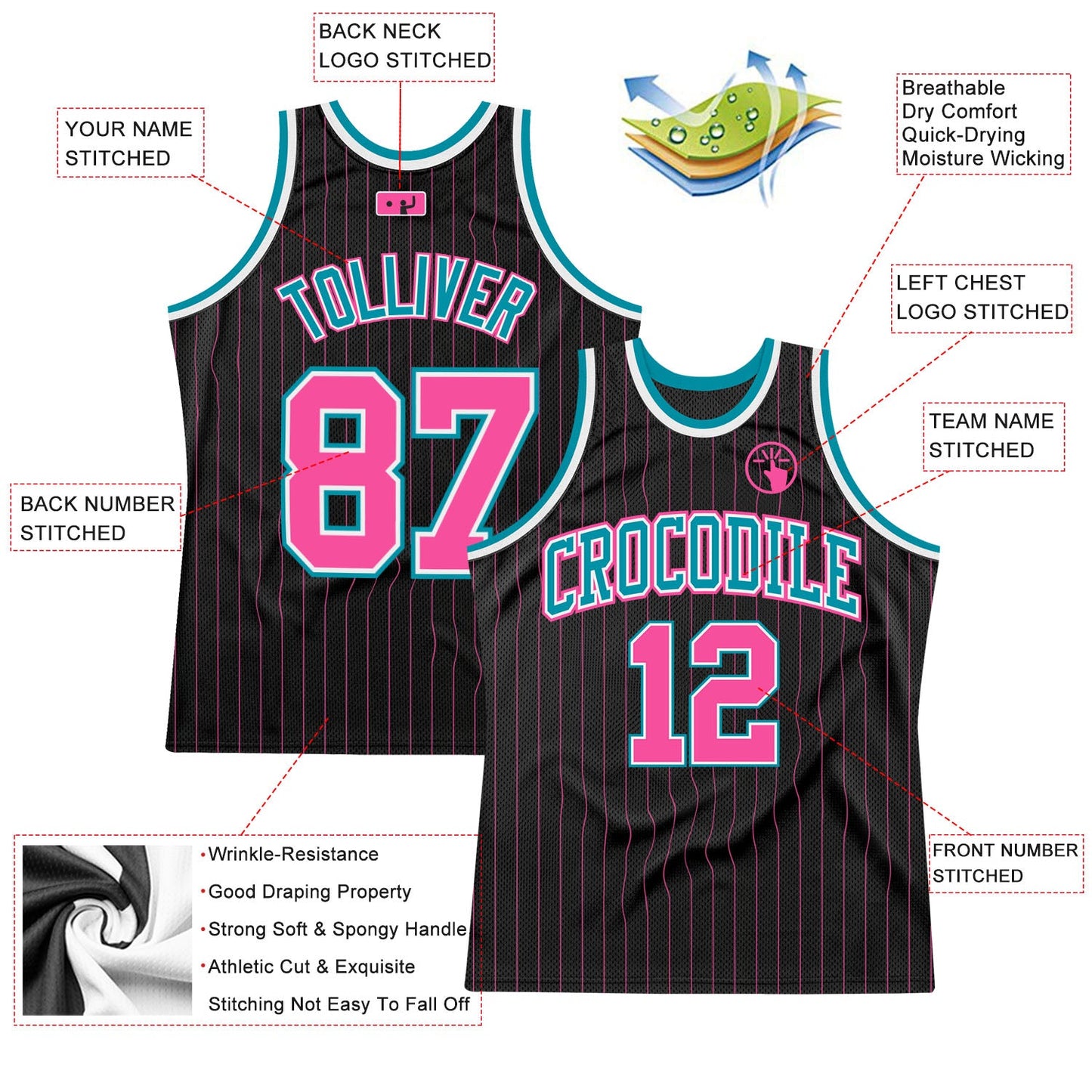 Custom Black Pink Pinstripe Pink-Teal Authentic Basketball Jersey - Sky-Custom