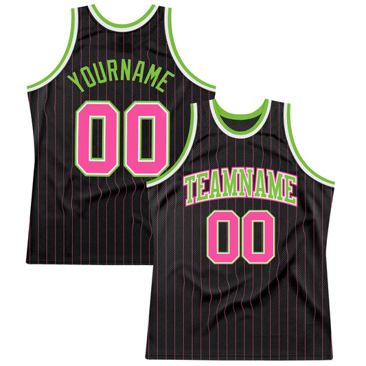 Custom Black Pink Pinstripe Pink-Neon Green Authentic Basketball Jersey - Sky-Custom