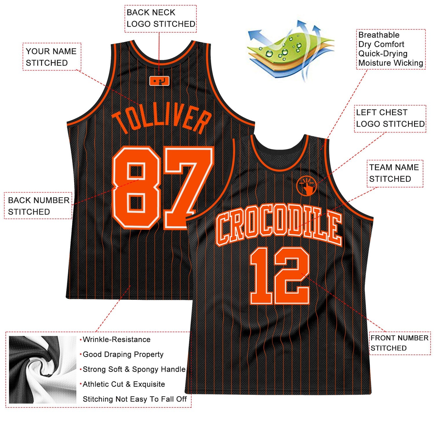 Custom Black Orange Pinstripe Orange-White Authentic Basketball Jersey - Sky-Custom