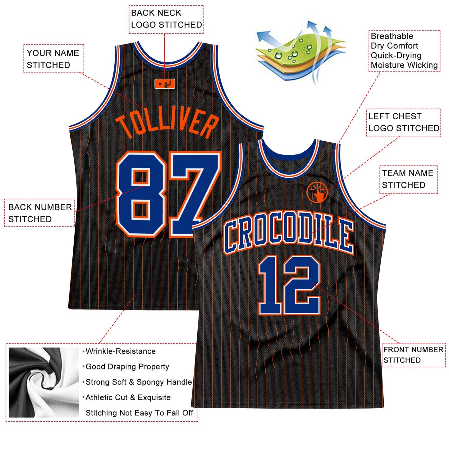 Custom Black Orange Pinstripe Royal-Orange Authentic Basketball Jersey - Sky-Custom