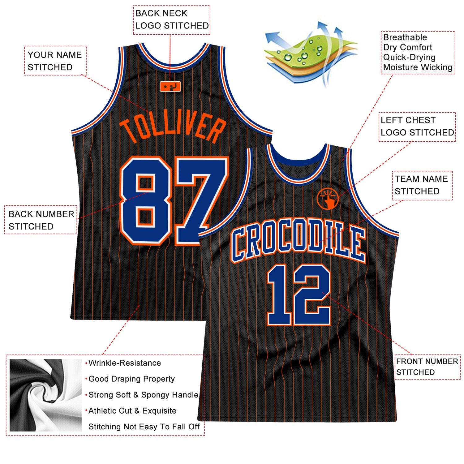 Custom Black Orange Pinstripe Royal-Orange Authentic Basketball Jersey - Sky-Custom