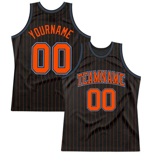 Custom Black Orange Pinstripe Orange-Light Blue Authentic Basketball Jersey - Sky-Custom
