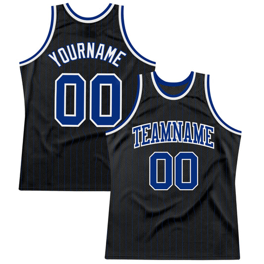 Custom Black Royal Pinstripe Royal-White Authentic Basketball Jersey - Sky-Custom