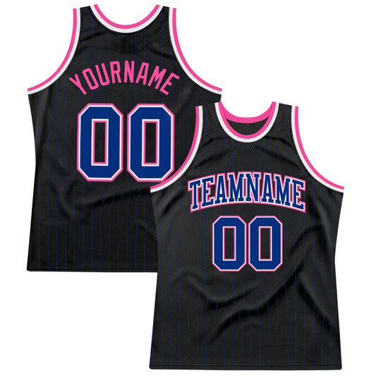Custom Black Royal Pinstripe Royal-Pink Authentic Basketball Jersey - Sky-Custom