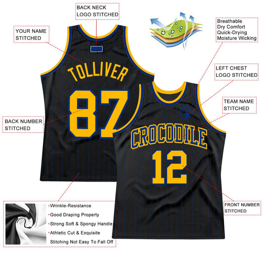 Custom Black Royal Pinstripe Gold-Royal Authentic Basketball Jersey - Sky-Custom