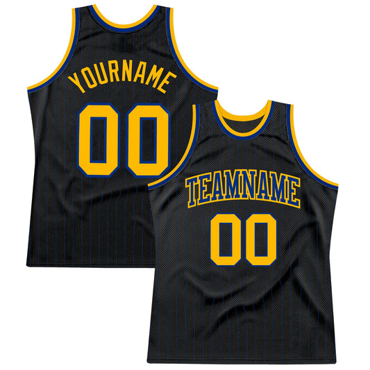 Custom Black Royal Pinstripe Gold-Royal Authentic Basketball Jersey - Sky-Custom