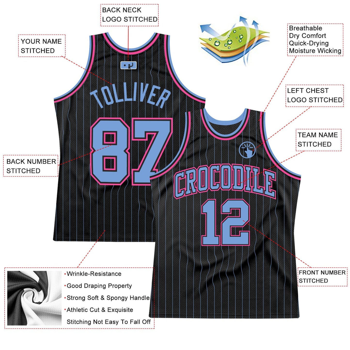 Custom Black Light Blue Pinstripe Light Blue-Pink Authentic Basketball Jersey - Sky-Custom