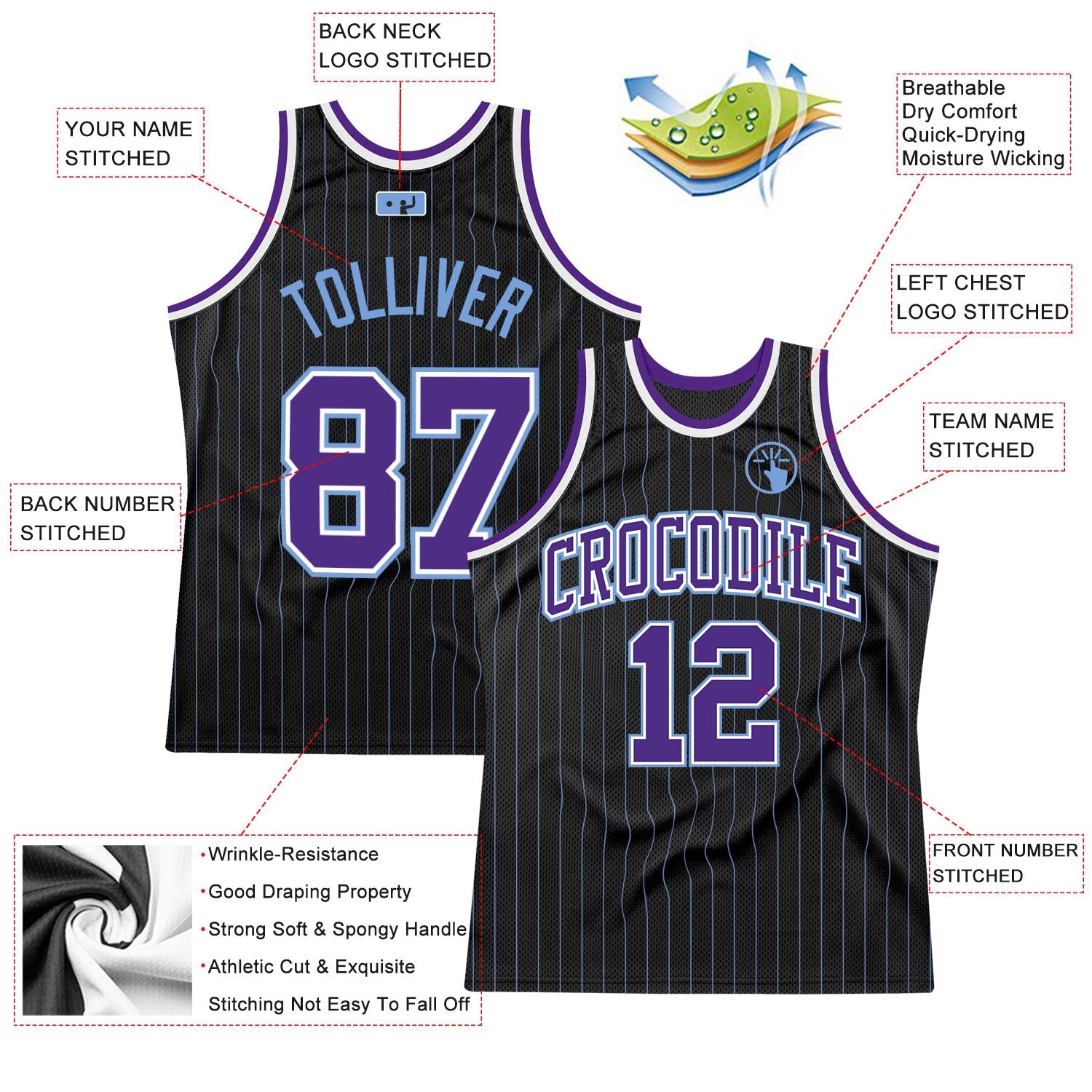 Custom Black Light Blue Pinstripe Purple-Light Blue Authentic Basketball Jersey - Sky-Custom