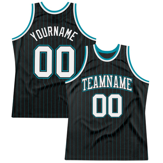 Custom Black Teal Pinstripe White Black-Teal Authentic Basketball Jersey - Sky-Custom