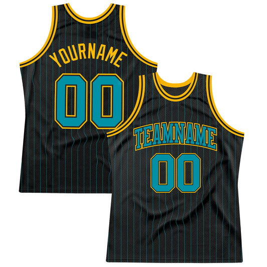 Custom Black Teal Pinstripe Teal-Gold Authentic Basketball Jersey - Sky-Custom