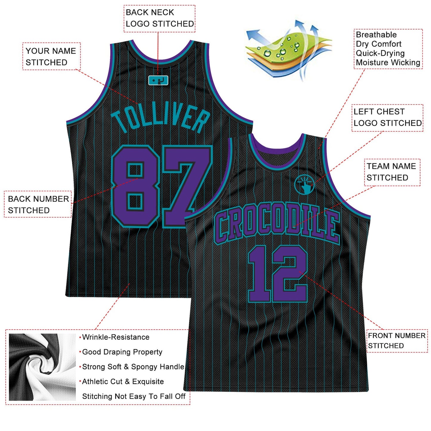 Custom Black Teal Pinstripe Purple-Teal Authentic Basketball Jersey - Sky-Custom