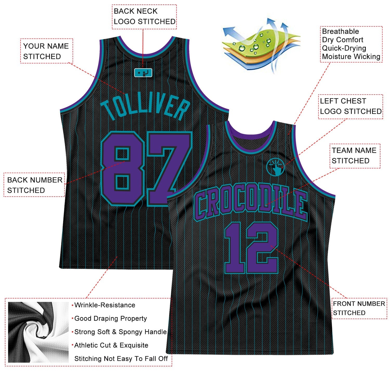 Custom Black Teal Pinstripe Purple-Teal Authentic Basketball Jersey - Sky-Custom