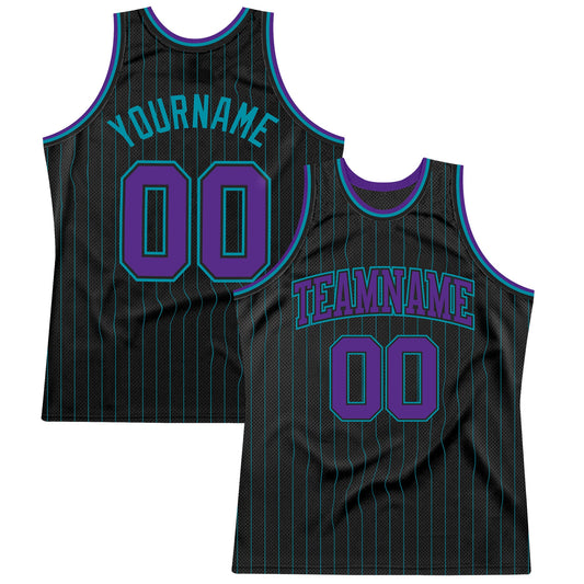 Custom Black Teal Pinstripe Purple-Teal Authentic Basketball Jersey - Sky-Custom