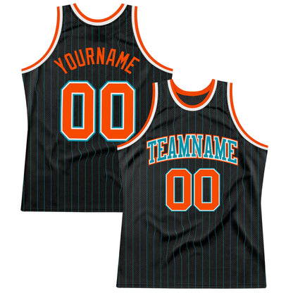 Custom Black Teal Pinstripe Orange-Teal Authentic Basketball Jersey - Sky-Custom