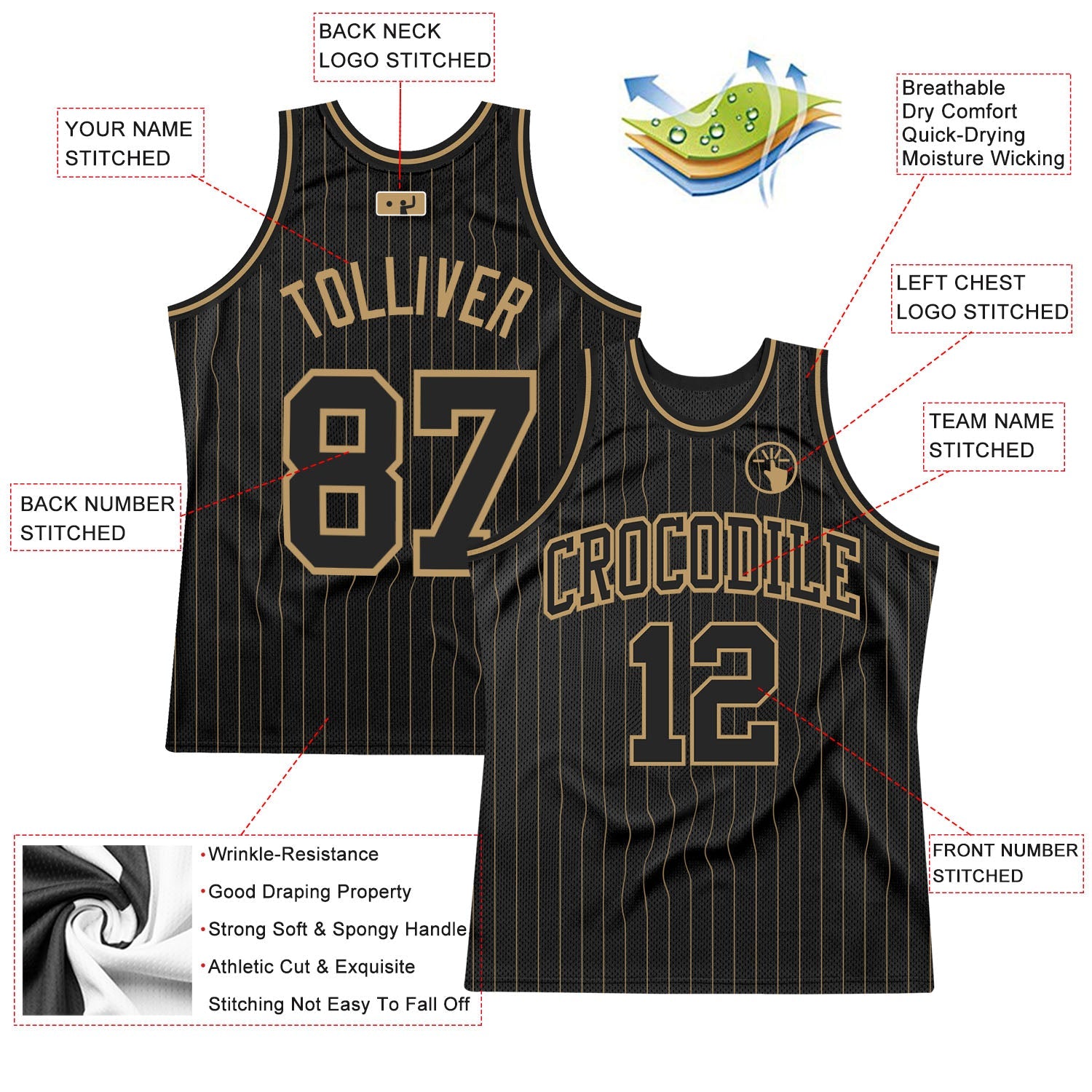 Custom Black Old Gold Pinstripe Black-Old Gold Authentic Basketball Jersey - Sky-Custom