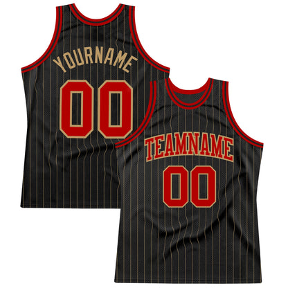 Custom Black Old Gold Pinstripe Red-Old Gold Authentic Basketball Jersey - Sky-Custom