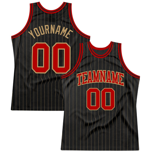 Custom Black Old Gold Pinstripe Red-Old Gold Authentic Basketball Jersey - Sky-Custom