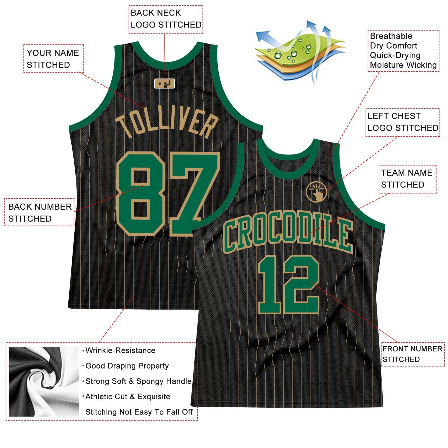 Custom Black Old Gold Pinstripe Kelly Green-Old Gold Authentic Basketball Jersey - Sky-Custom