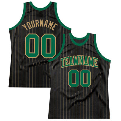 Custom Black Old Gold Pinstripe Kelly Green-Old Gold Authentic Basketball Jersey - Sky-Custom